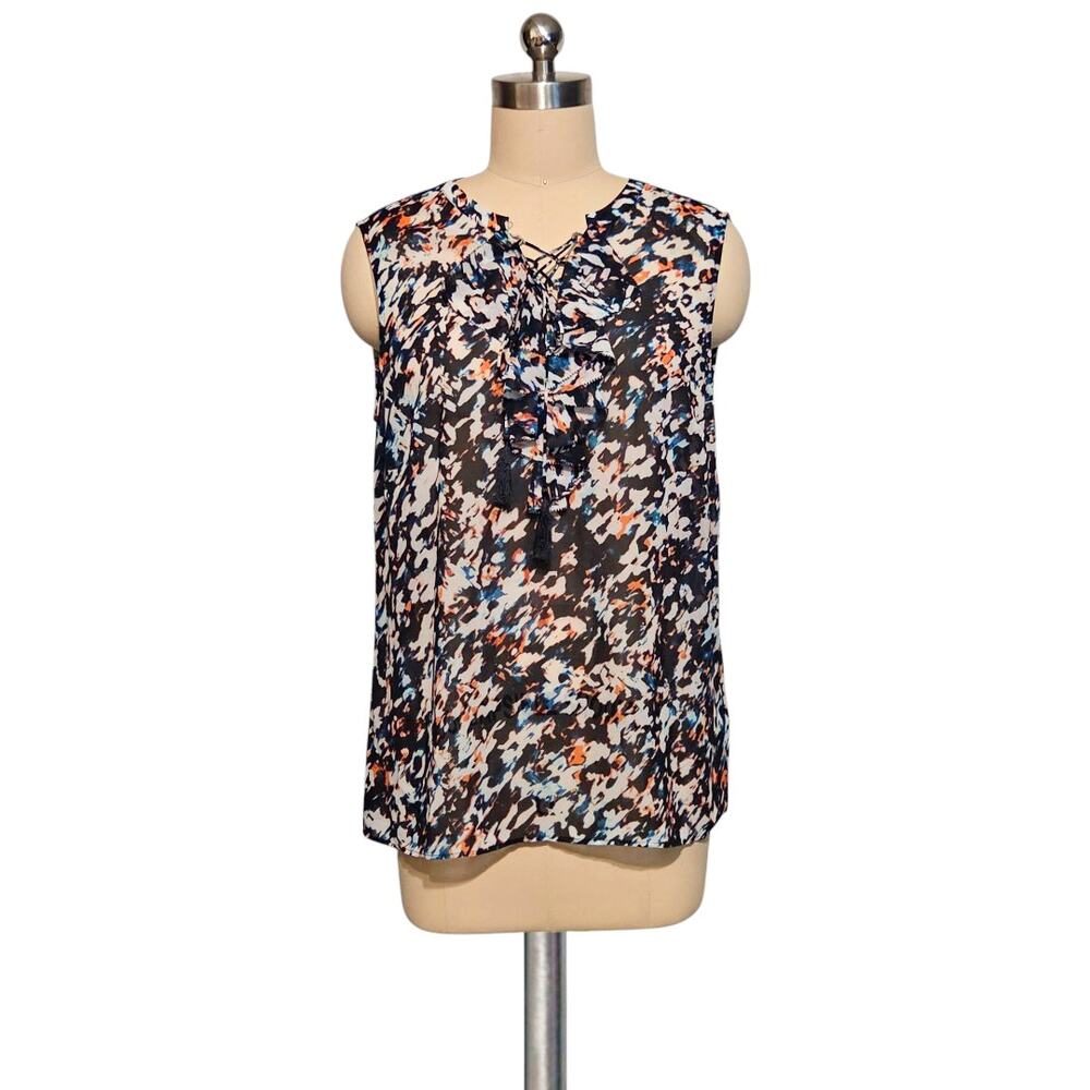NEW Laundry Shelli Segal Printed Semi Sheer Ruffle Tie Up Tassel Blouse Top 8